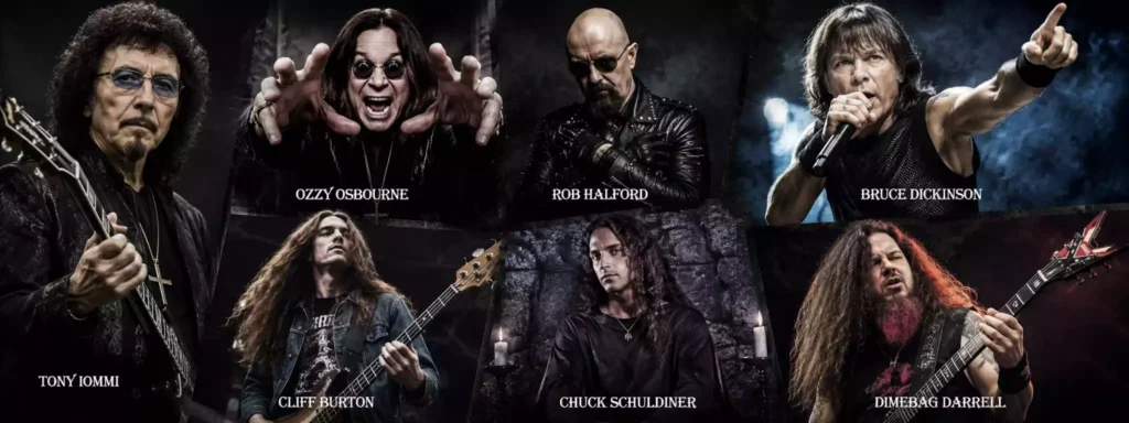 تصویر کلاژ از نوازندگان افسانه‌ای: Tony Iommi, Ozzy Osbourne, Rob Halford, Bruce Dickinson, Cliff Burton, Chuck Schuldiner و Dimebag Darrell