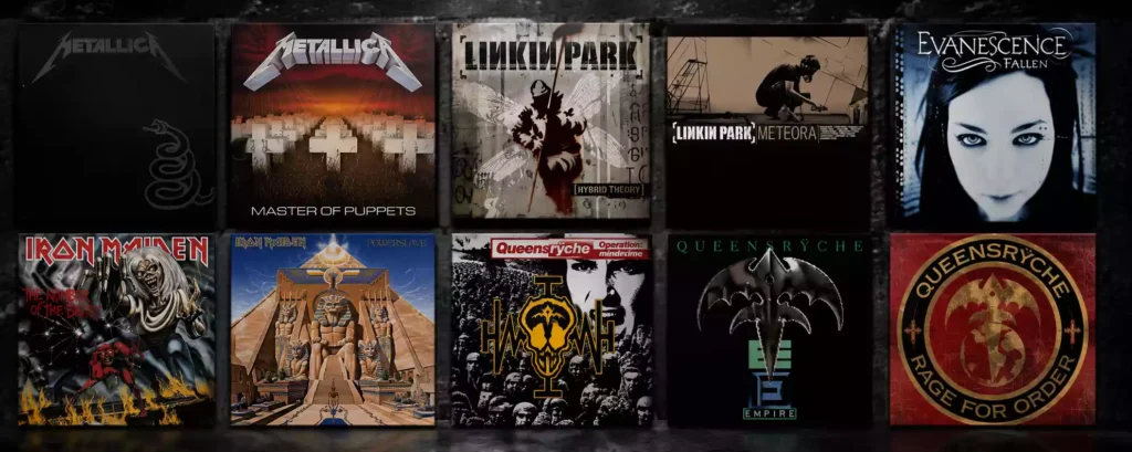 "کولاژ از ۱۰ آلبوم طلایی متال شامل Metallica، Linkin Park، Evanescence، Iron Maiden و Queensrÿche بر اساس فروش و محبوبیت جهانی"