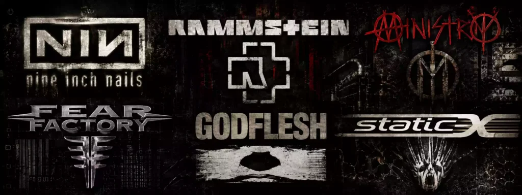 کلاژ لوگوهای گروه‌های اینداستریال متال Nine Inch Nails، Rammstein، Ministry، Fear Factory، Godflesh و Static-X روی پس‌زمینه‌ای تیره با طراحی صنعتی.